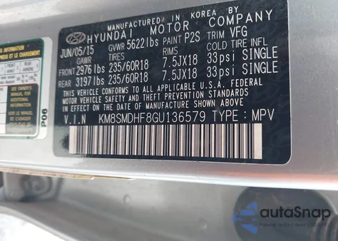 2016 Hyundai Santa Fe Se из США, поврежденный, VIN KM8SMDHF8GU136579